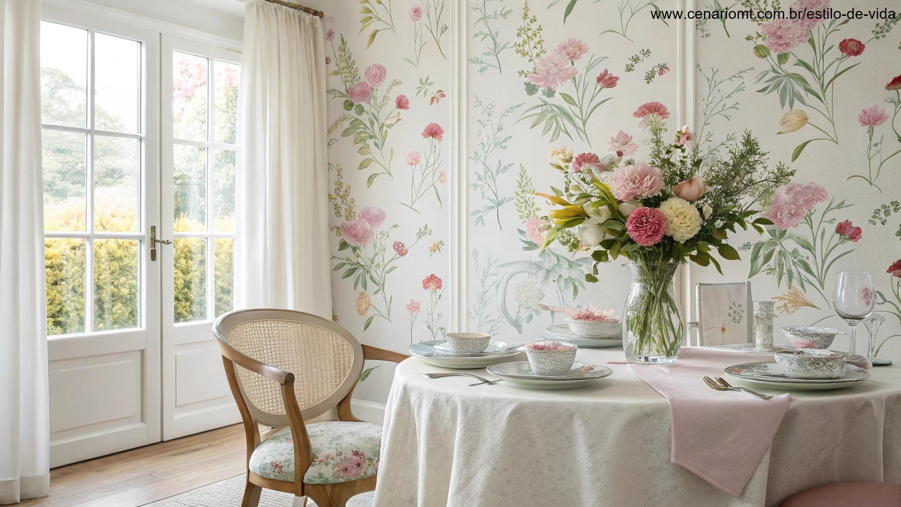 Imagem de uma sala de jantar com papel de parede floral em cores pastéis