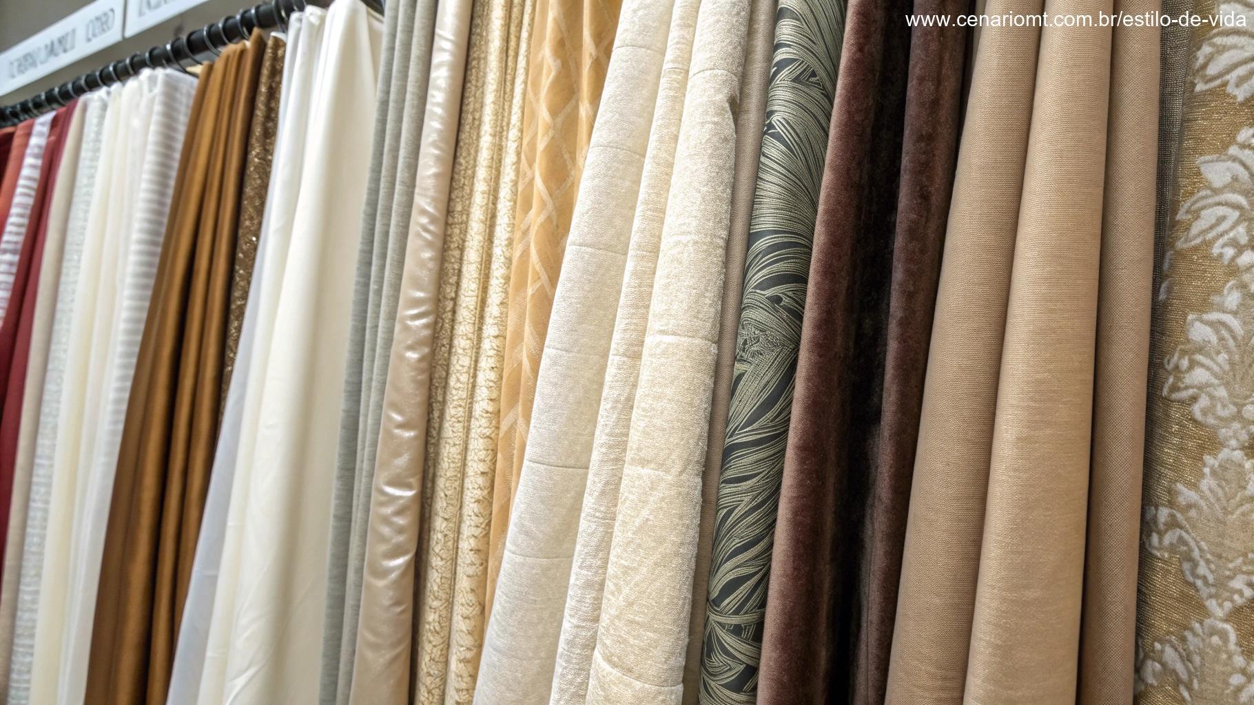 Uma visão detalhada de diferentes tipos de materiais para cortinas, como algodão, veludo e tecido transparente.