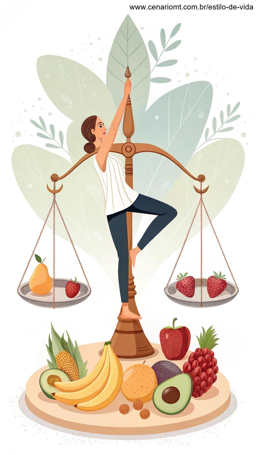 Uma cena equilibrada de yoga com balanças e frutas representando o controle do peso