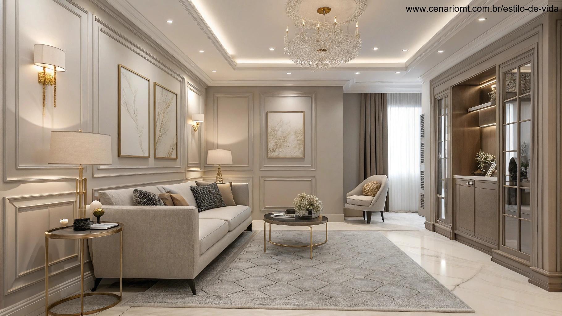 Design de interiores sofisticado com cores neutras e iluminação suave.