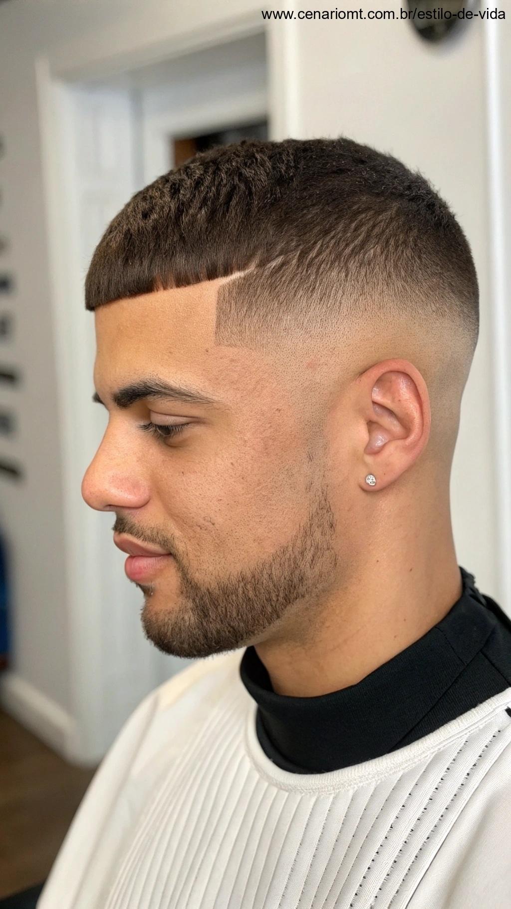Corte Caesar masculino com franja curta e uniforme