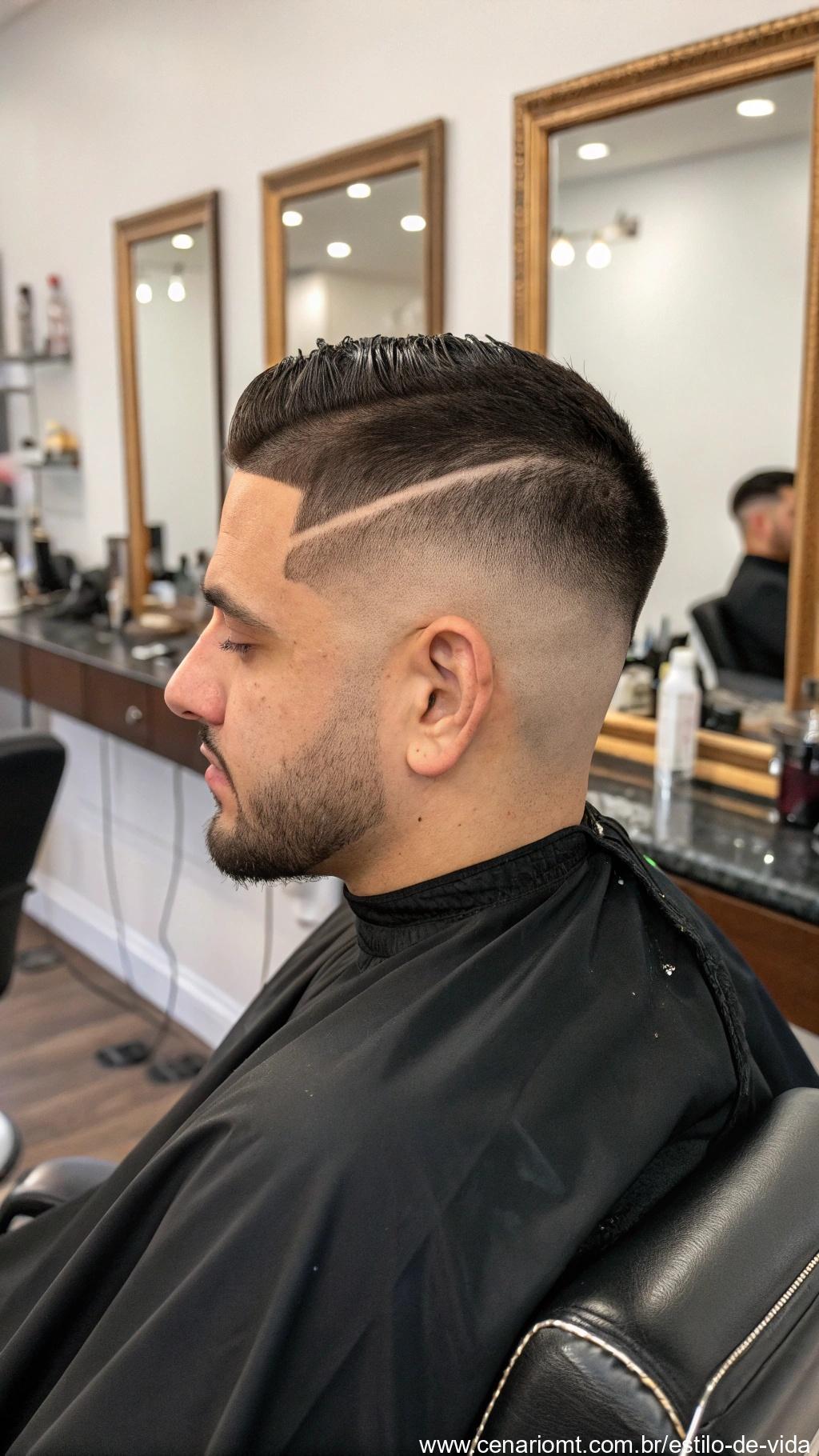 Homem com corte com risco bem marcado.