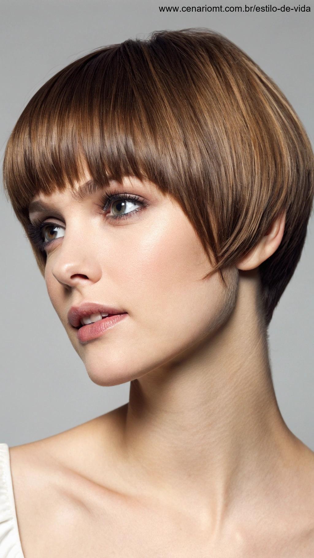 Corte curto com franja estilizado de forma elegante