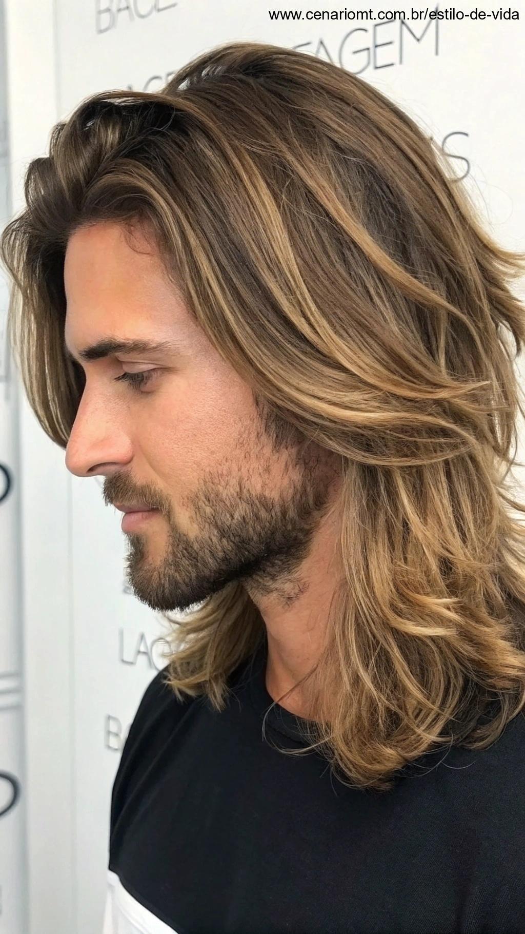 Homem com corte longo em camadas sofisticado.