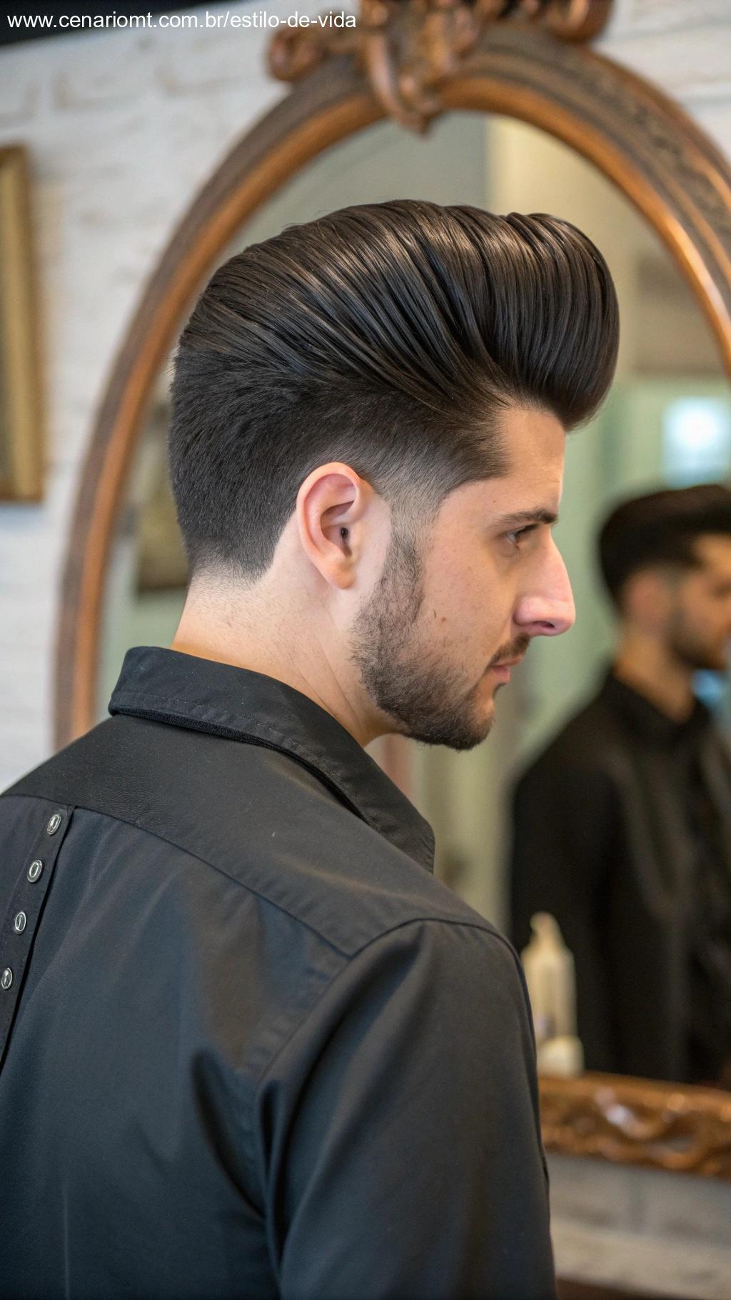 Homem com corte Pompadour em um ambiente clássico