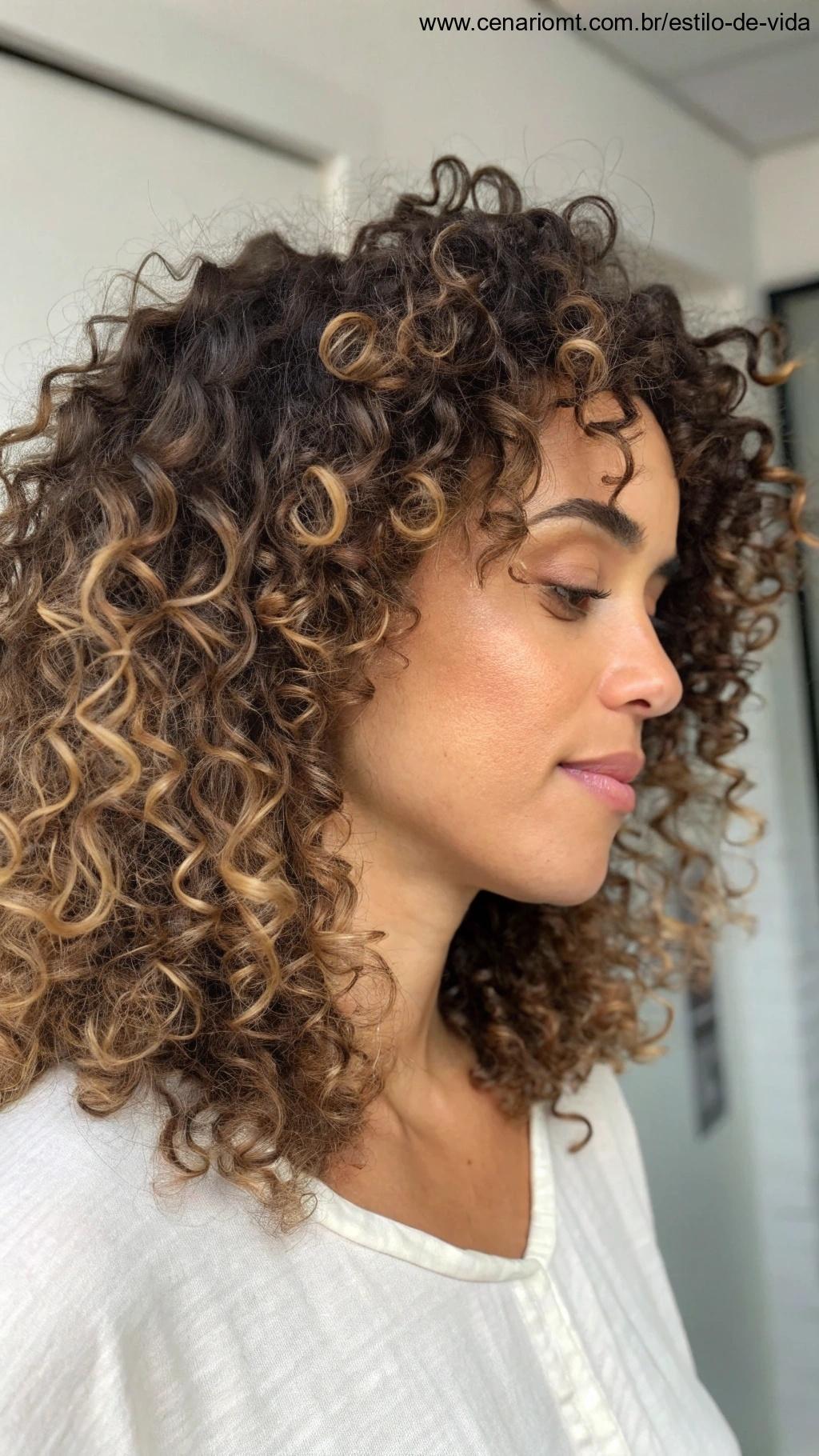 Mulher com cabelo cacheado e corte repicado, com volume e definição.