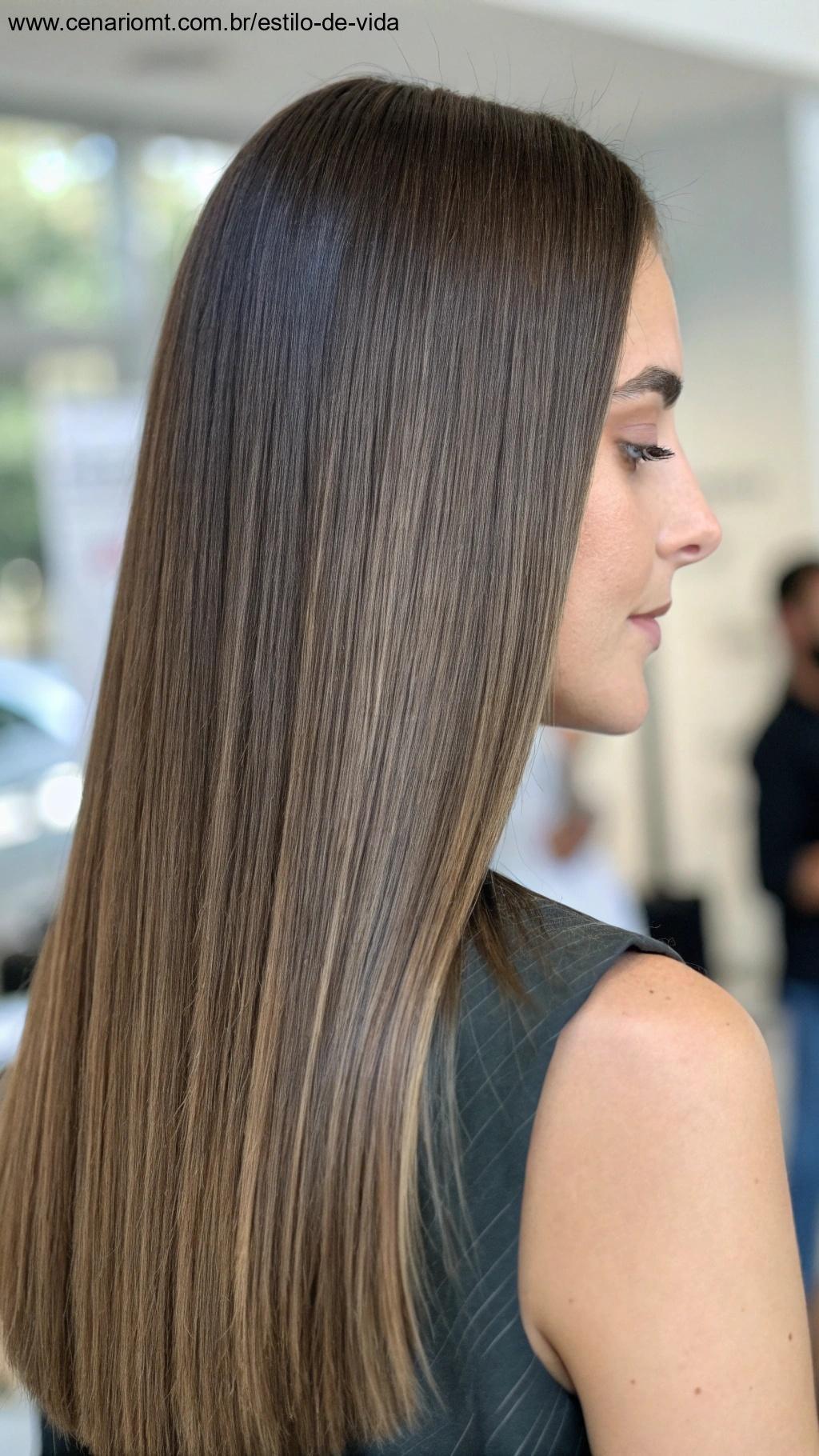 Mulher com cabelo liso e corte reto, com fios suaves e alinhados.