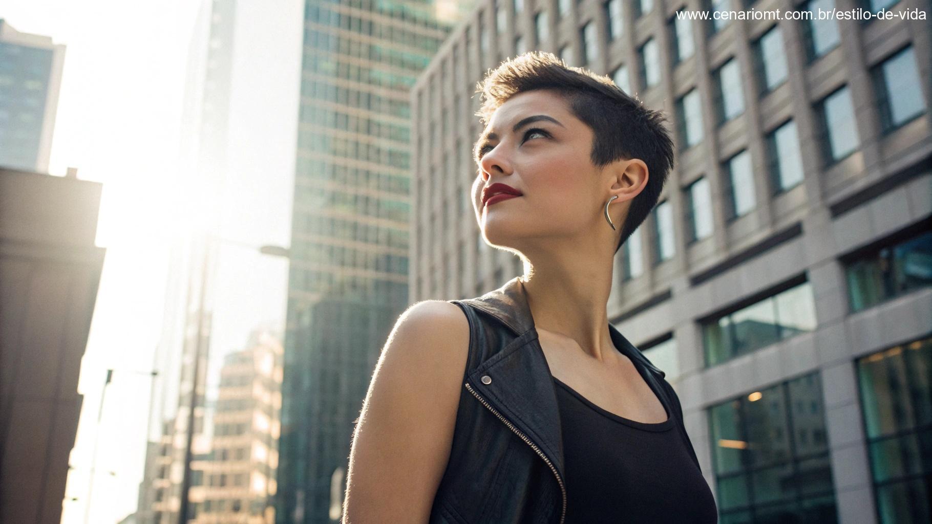 Mulher com corte de cabelo pixie curto, em um cenário urbano.