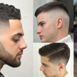 Vários cortes de cabelo masculinos modernos, mostrando estilos e comprimentos diferentes, como cortes buzz, fades, pompadours e texturizados, com ênfase em linhas limpas e fades precisos.