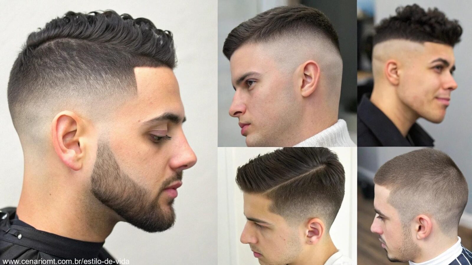 Vários cortes de cabelo masculinos modernos, mostrando estilos e comprimentos diferentes, como cortes buzz, fades, pompadours e texturizados, com ênfase em linhas limpas e fades precisos.