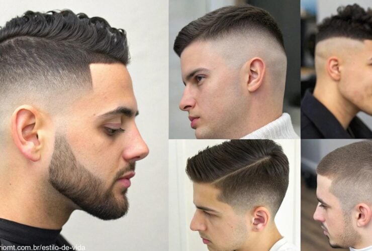 Vários cortes de cabelo masculinos modernos, mostrando estilos e comprimentos diferentes, como cortes buzz, fades, pompadours e texturizados, com ênfase em linhas limpas e fades precisos.