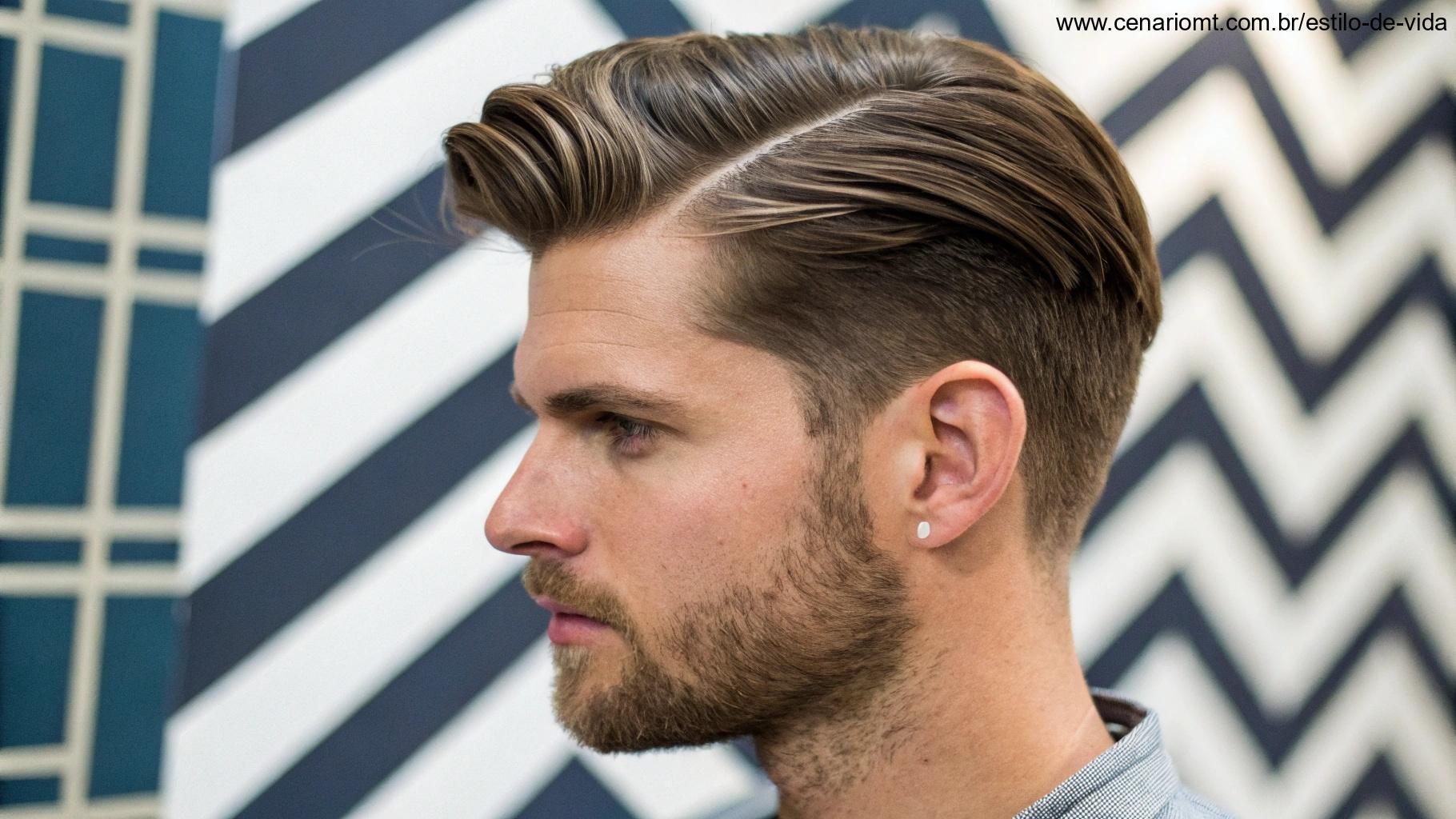 Homem com corte moderno e bem cuidado, equilibrando estilo clássico e contemporâneo