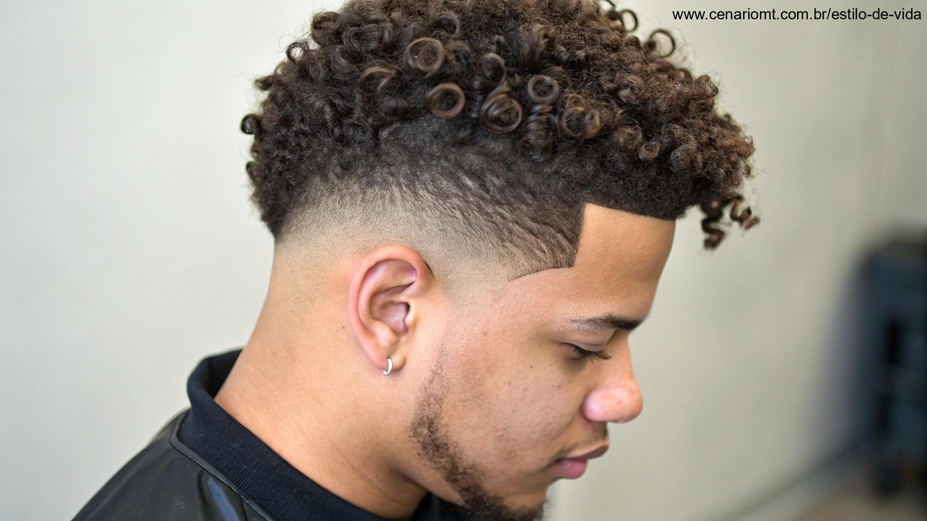 Homem com cabelo cacheado, exibindo um fade curto com os cachos definidos no topo, criando contraste entre as laterais e o topo.