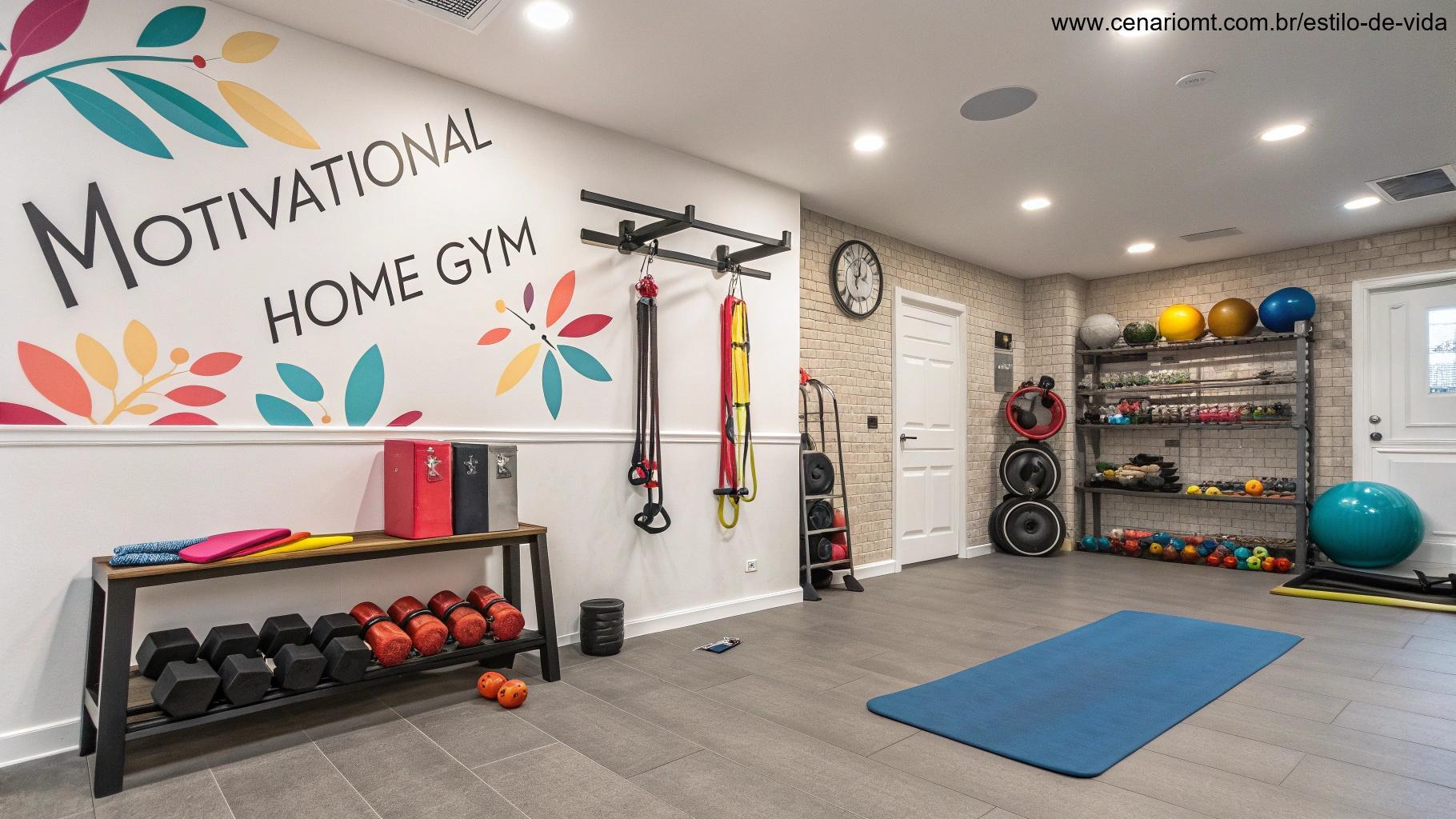 Espaço motivacional de treino em casa com equipamentos coloridos.