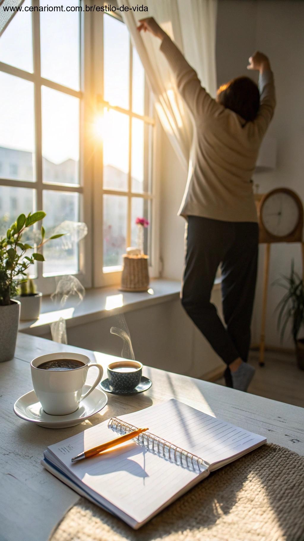 Pessoa se espreguiçando perto da janela com uma xícara de café e um caderno, simbolizando uma rotina matinal positiva.