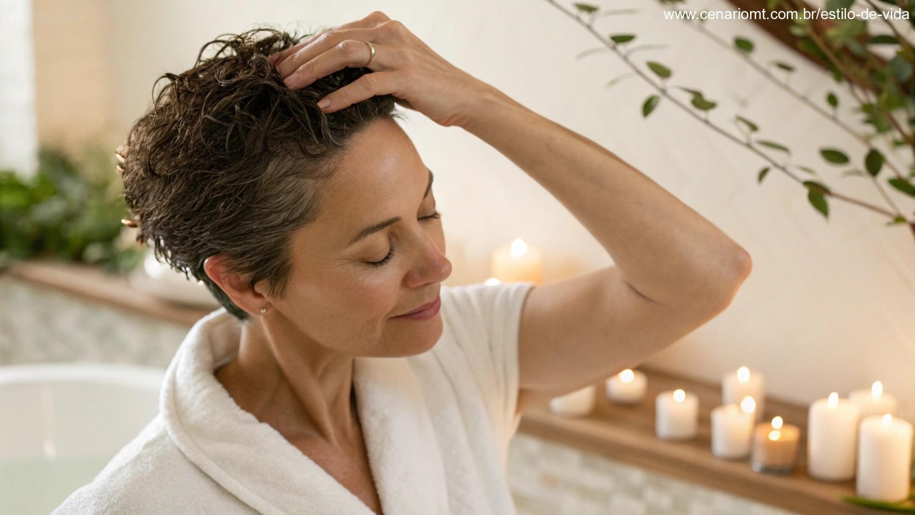 Mulher cuidando do cabelo curto com tratamento nutritivo, mantendo a saúde e textura do corte