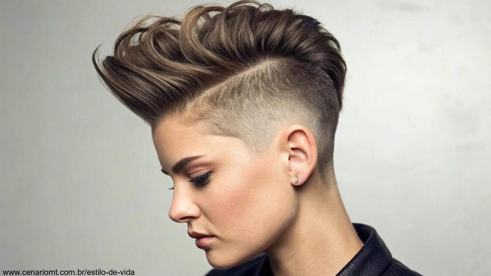 Corte curto com undercut, com volume e linhas bem definidas, em um estilo moderno e ousado.