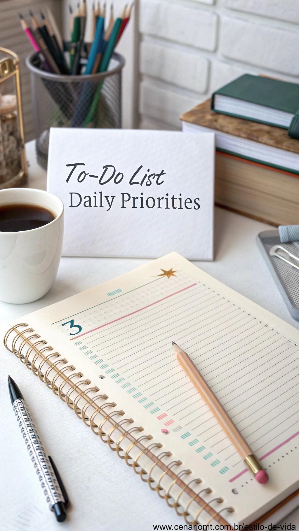 Planner com lista de tarefas organizadas e as três principais prioridades do dia, ao lado de uma xícara de café.