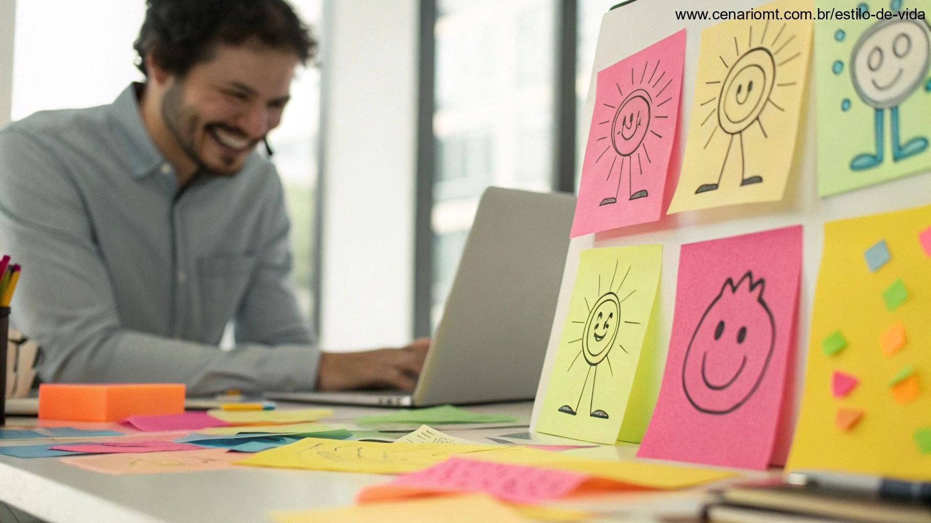 Pessoa sorrindo enquanto pensa em ideias criativas com post-its coloridos.