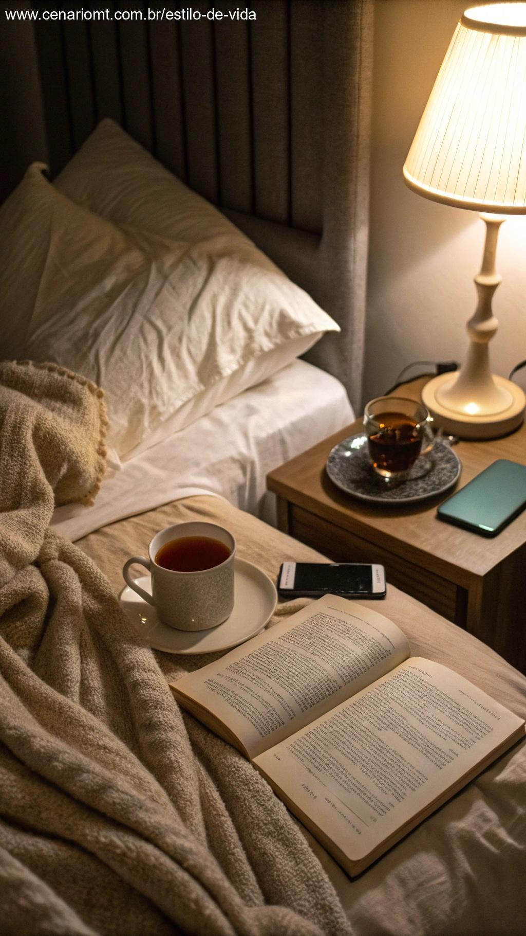 Cena aconchegante à noite com livro e xícara de chá, destacando o hábito de desconectar-se das telas antes de dormir.