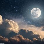 Céu noturno sereno com a lua brilhante e nuvens suaves ao redor, destacando a fase lunar de 26 de fevereiro de 2025.