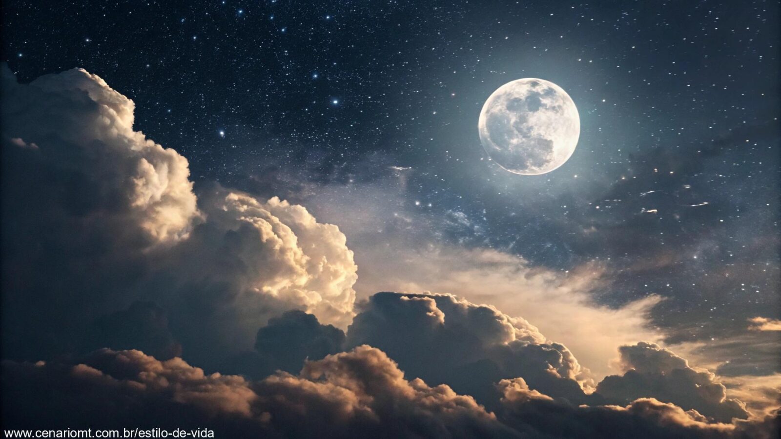 Céu noturno sereno com a lua brilhante e nuvens suaves ao redor, destacando a fase lunar de 26 de fevereiro de 2025.
