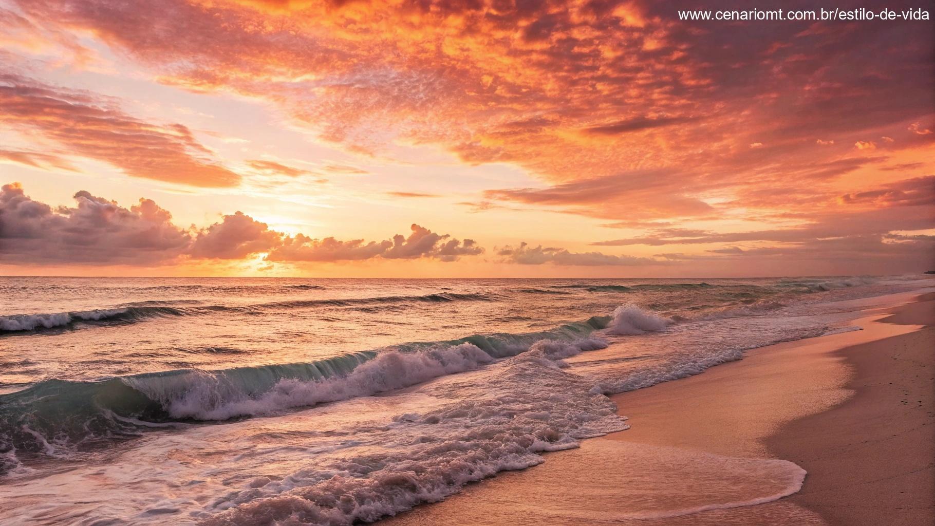 Um nascer do sol sobre uma praia com ondas suaves batendo na areia.