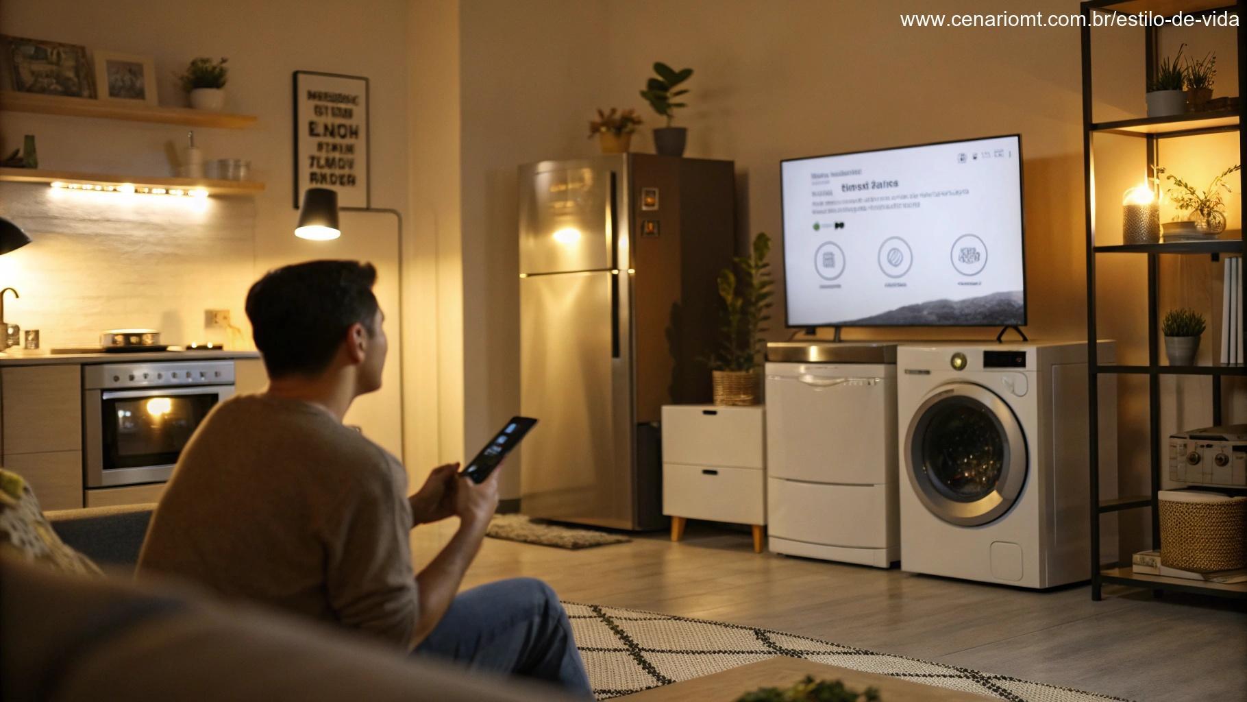 Cenário doméstico com eletrodomésticos eficientes e alguém desligando uma TV em modo de espera.