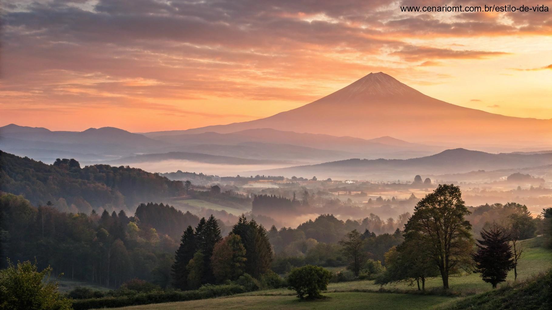 Paisagem serena com o nascer do sol sobre uma montanha, simbolizando esperança, força e o controle de um poder superior, com luz lançando sombras suaves sobre a terra, evocando uma sensação de calma e confiança na orientação divina para enfrentar o sábado.