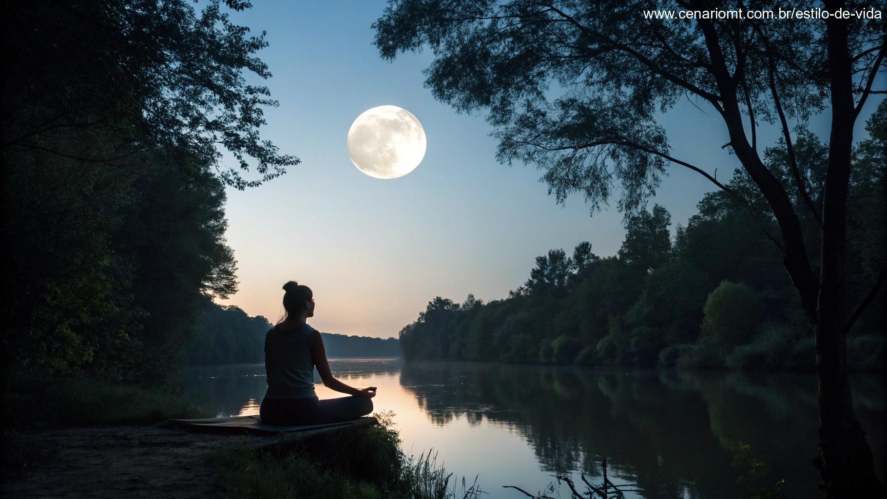 Pessoa meditando sob o luar em um ambiente tranquilo com árvores e um rio refletindo a luz da lua.