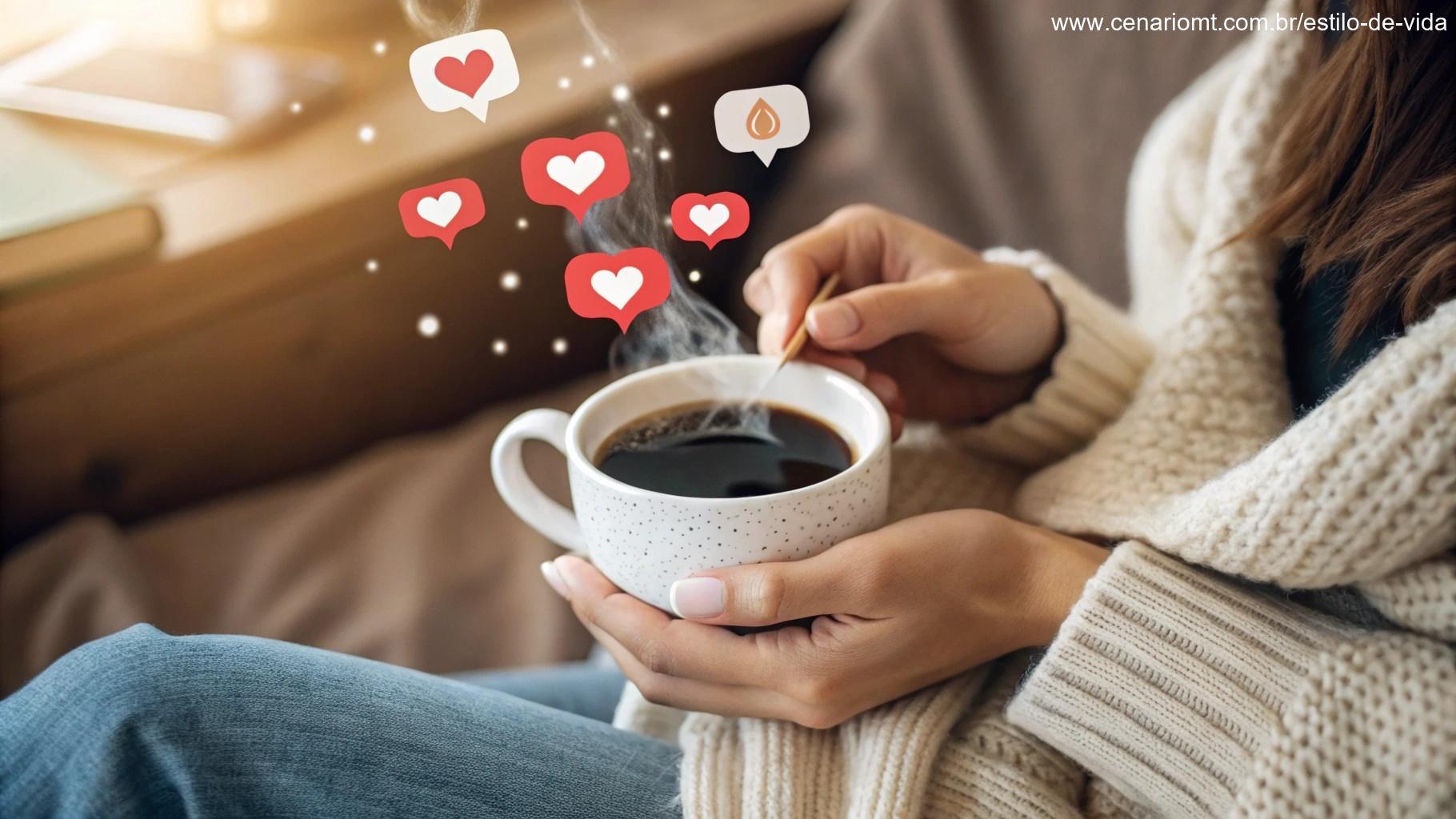 Cena acolhedora com mãos segurando uma xícara de café fumegante, cercada por notas positivas e símbolos como corações e raios de sol, simbolizando dicas para compartilhar boas energias.