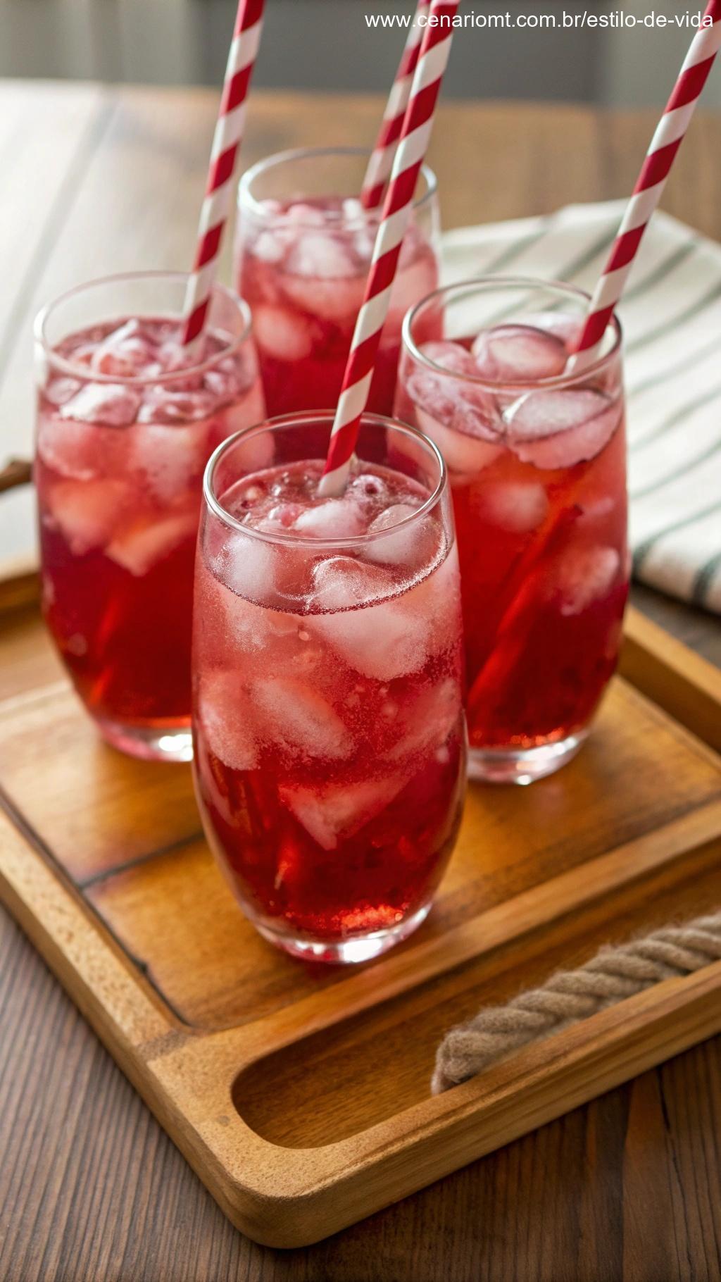 Limonada de hibisco servida em copos altos com canudos listrados.