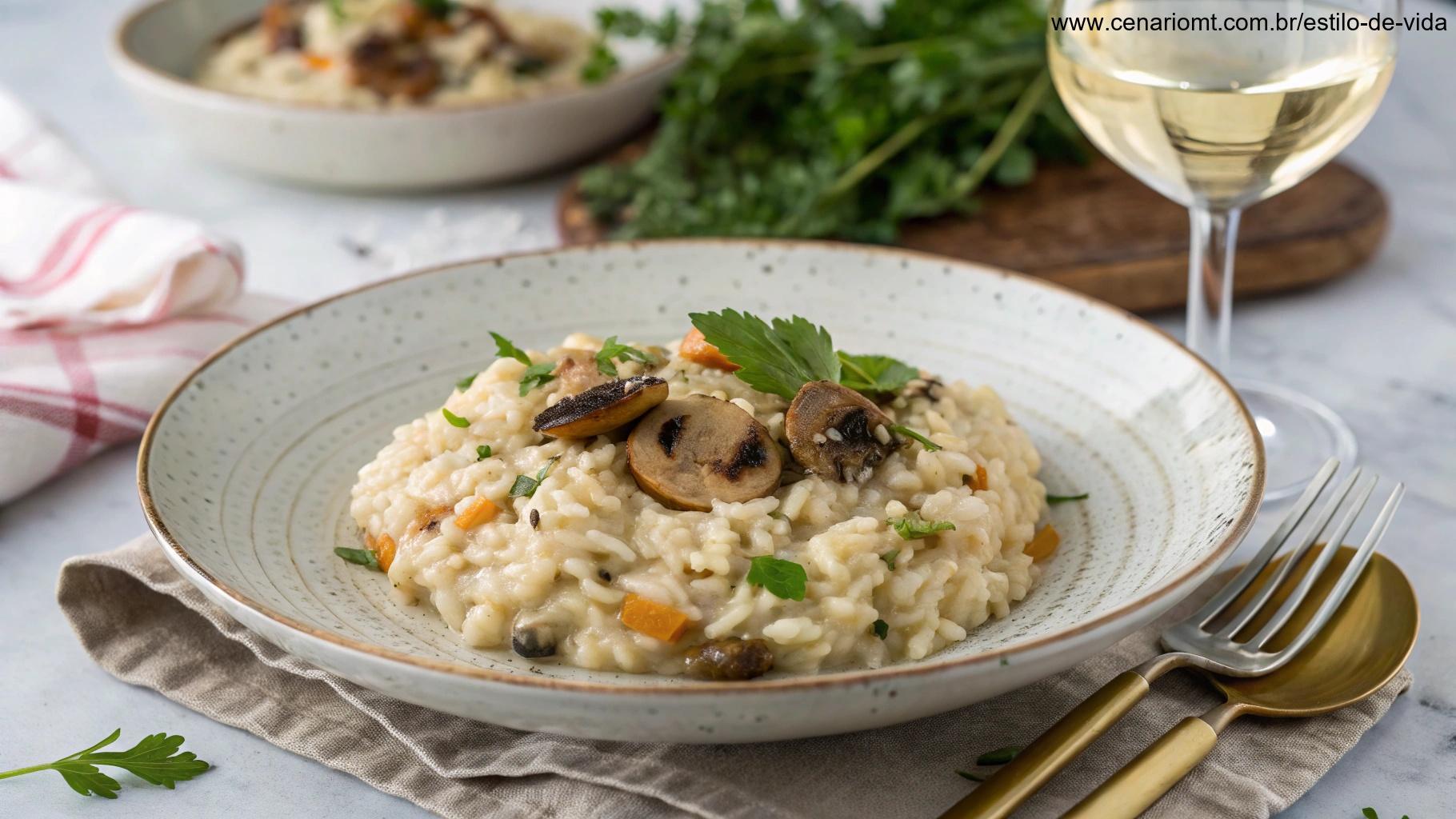 Um prato lindamente estilizado de risoto de cogumelos, destacando dicas para uma apresentação perfeita: textura cremosa, guarnição vibrante e porção uniforme.