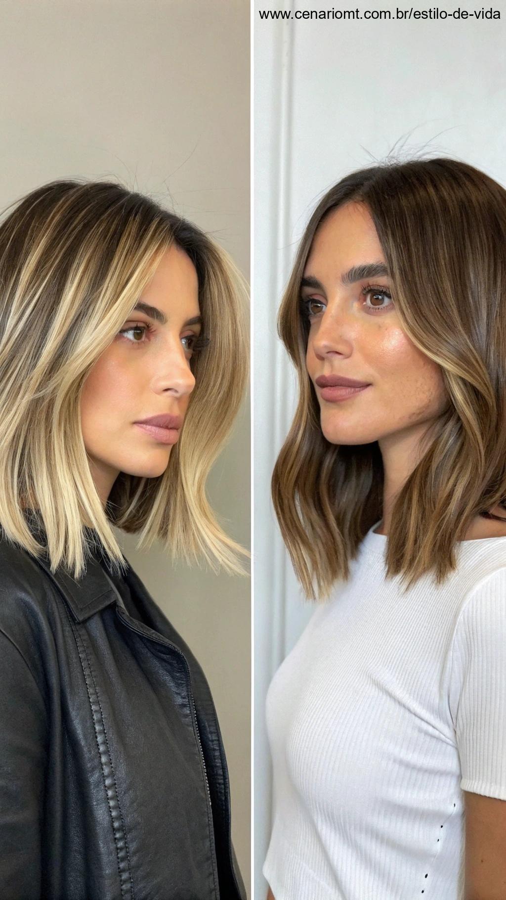 Comparação entre cortes de cabelo repicado e reto, destacando o volume.