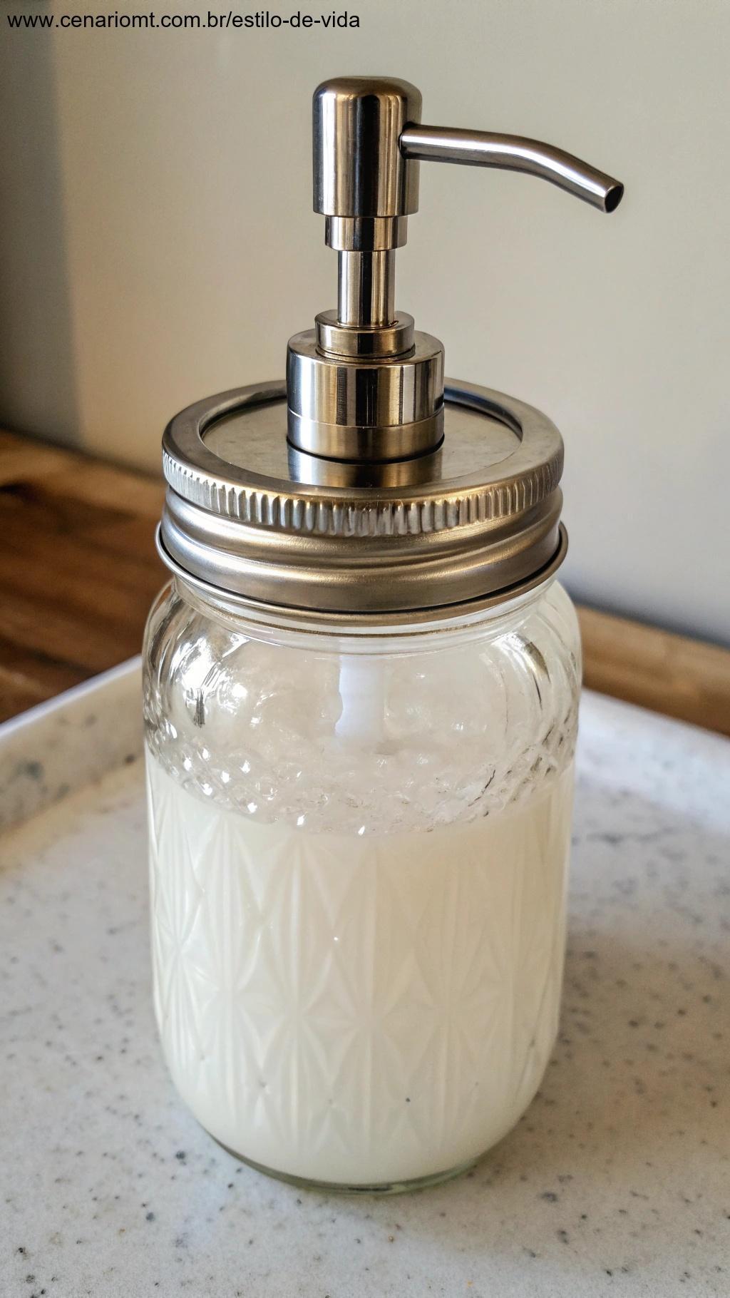 Dispenser para sabonete líquido feito com frasco de vidro reaproveitado, com bomba de metal e rótulos decorativos.