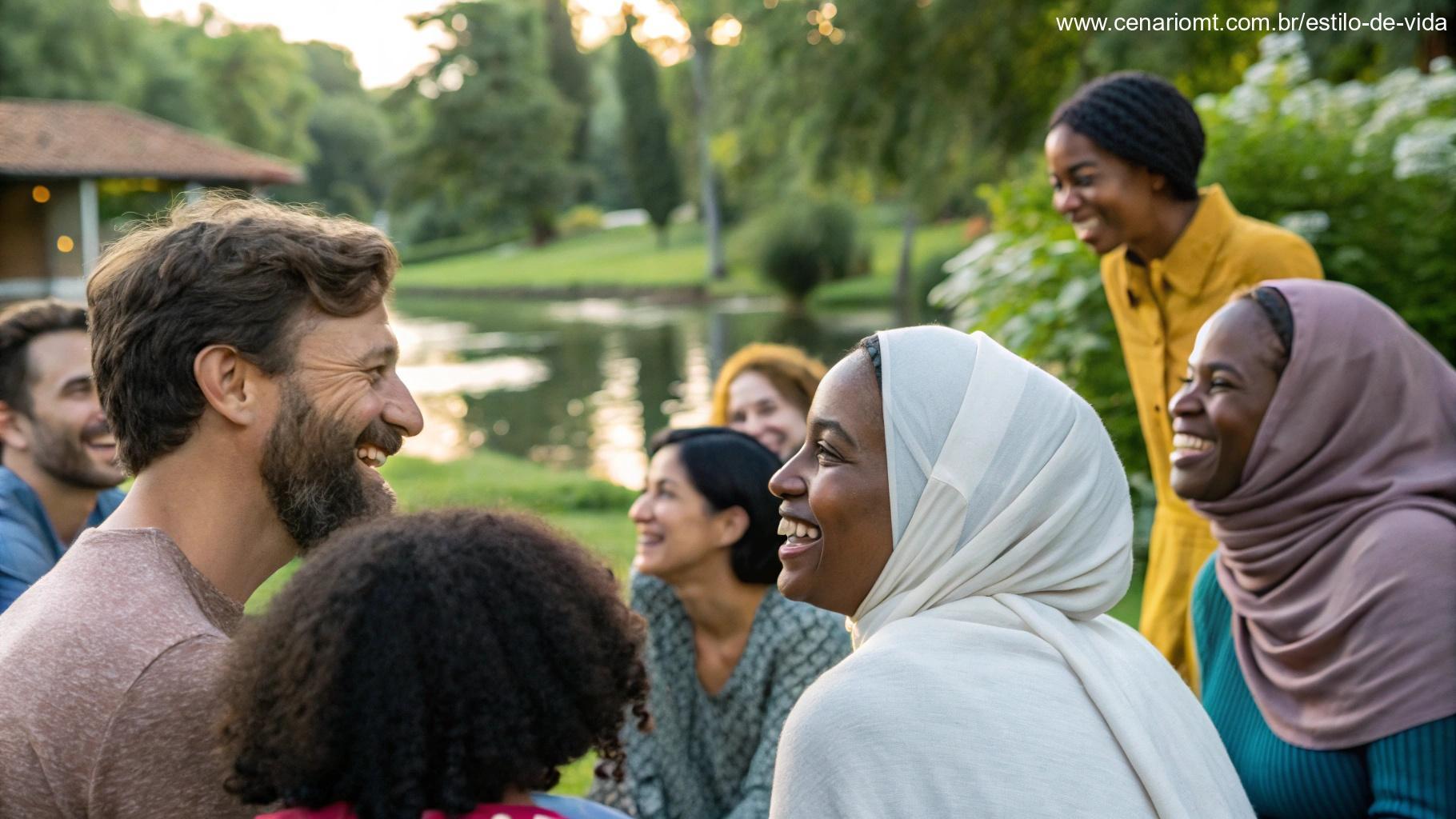Uma reunião comunitária em um ambiente tranquilo, com pessoas diversas compartilhando sorrisos.