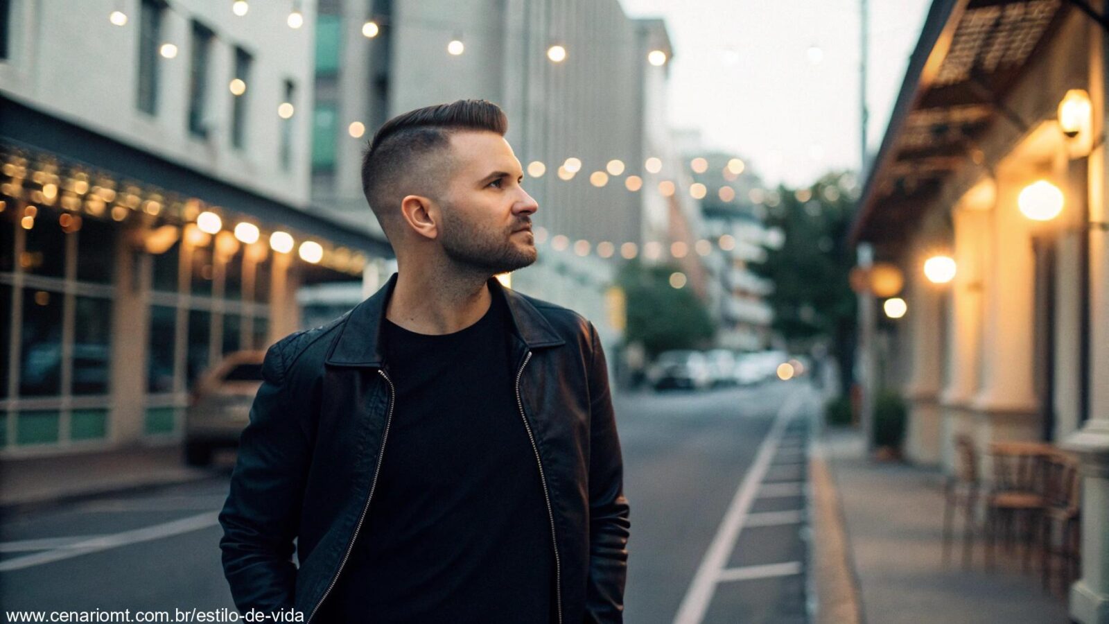 Homem com corte de cabelo curto e moderno, destacando seu estilo urbano
