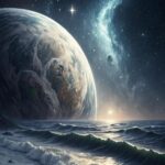 Ilustração digital mostrando a Terra sem a Lua, com um céu noturno alterado e marés caóticas.