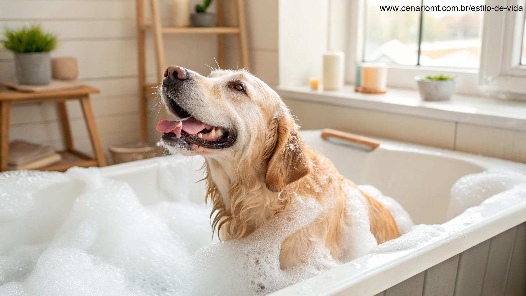 Cachorro sendo banhado com xampu para pulgas em um ambiente aconchegante.