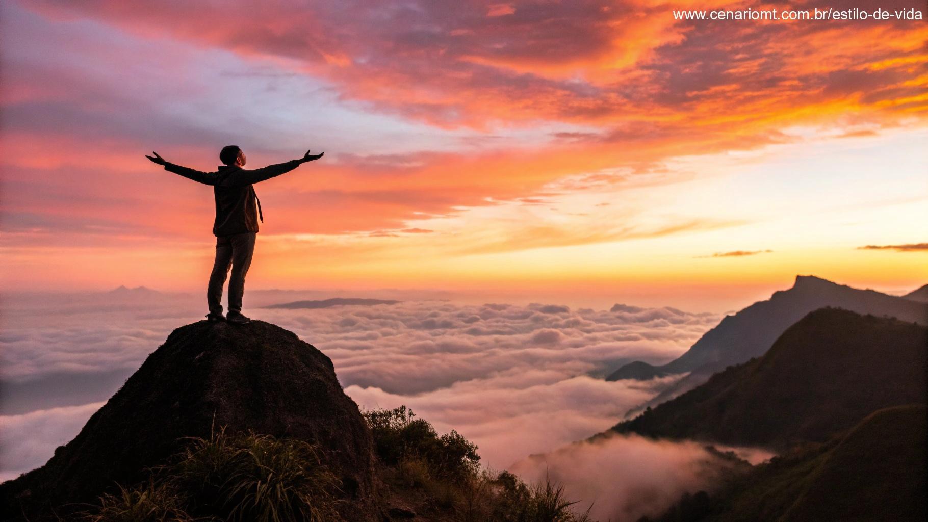 Pessoa no topo de uma montanha olhando para um nascer do sol radiante