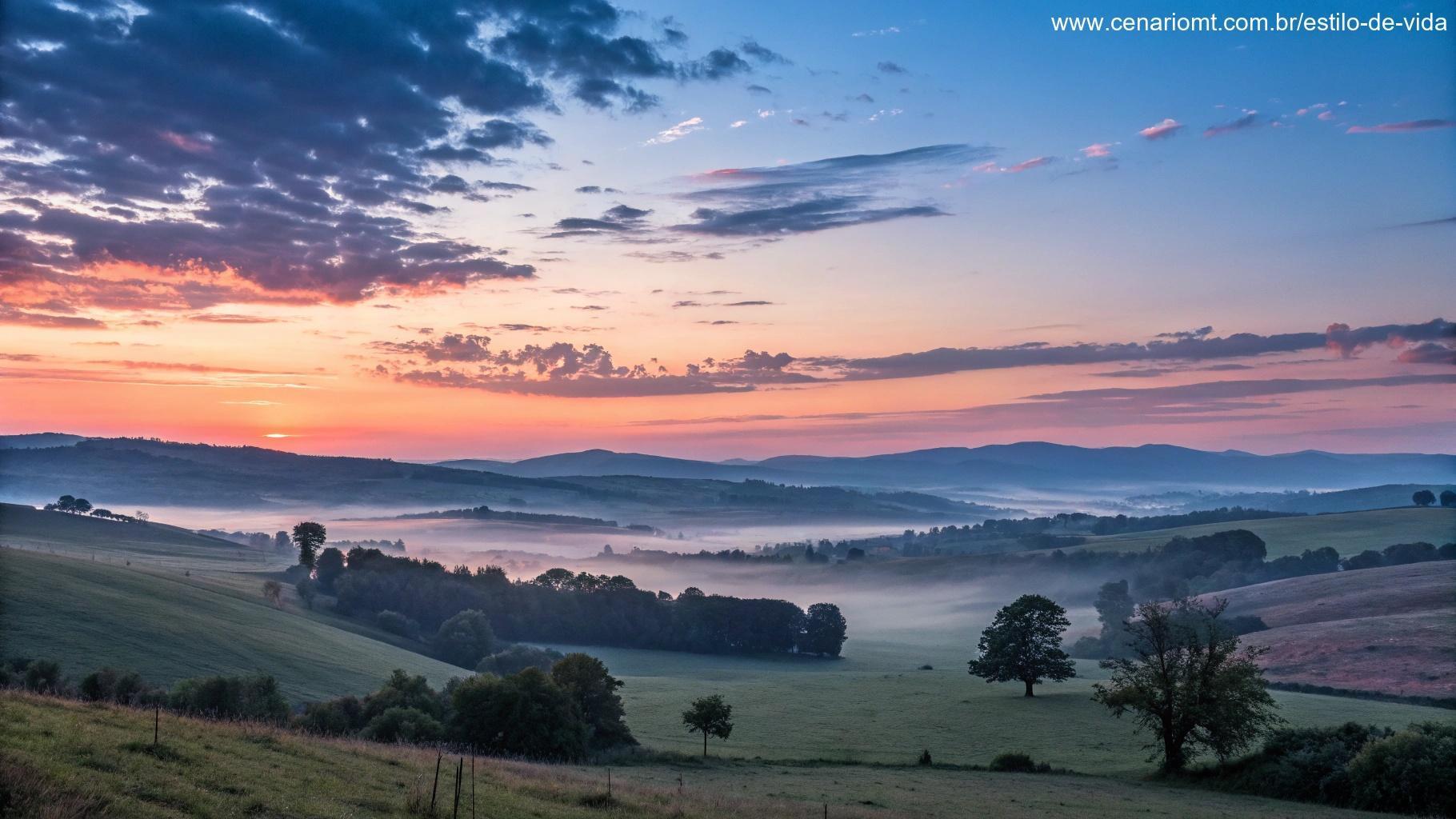 O horizonte ao amanhecer com a primeira luz do dia quebrando sobre uma paisagem tranquila, simbolizando esperança e renovação.