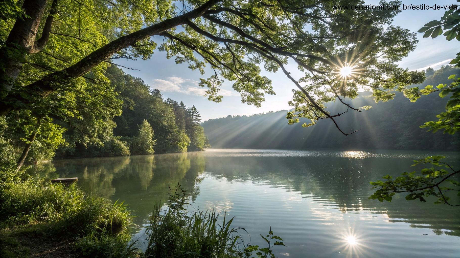 Lago tranquilo cercado por árvores e luz suave atravessando os galhos