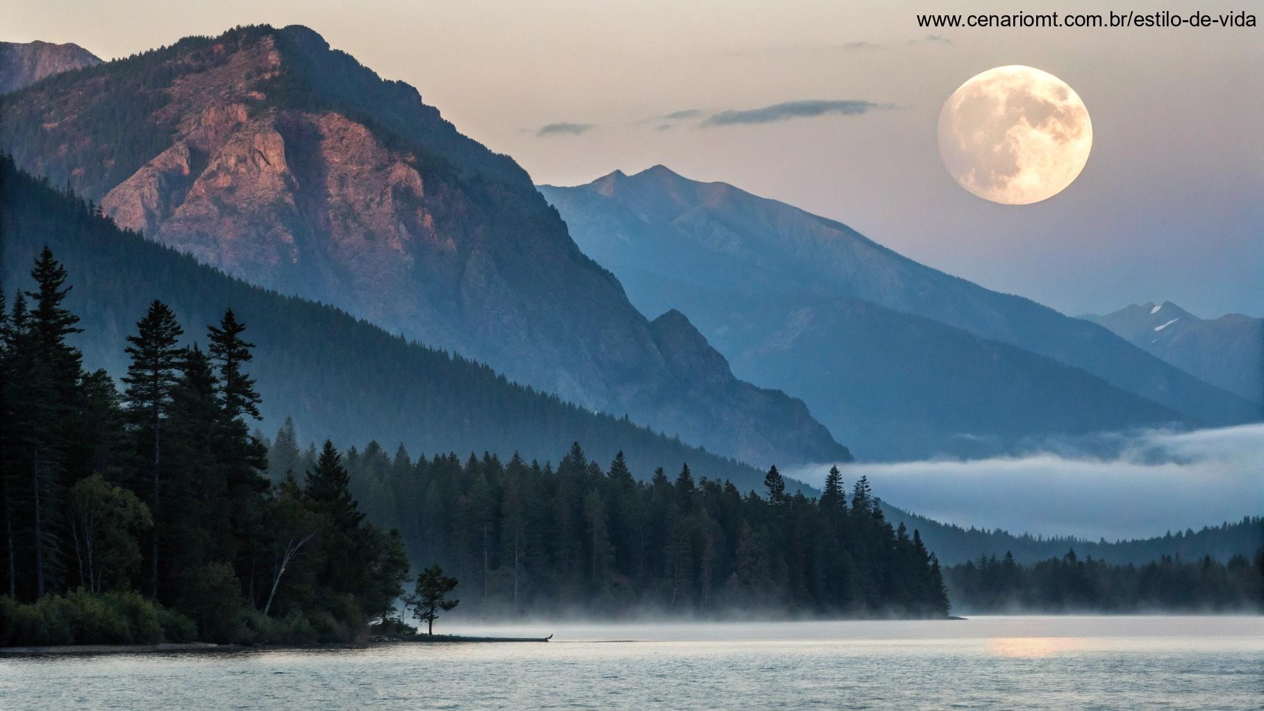 A lua na fase minguante aparecendo entre nuvens sobre uma paisagem montanhosa.