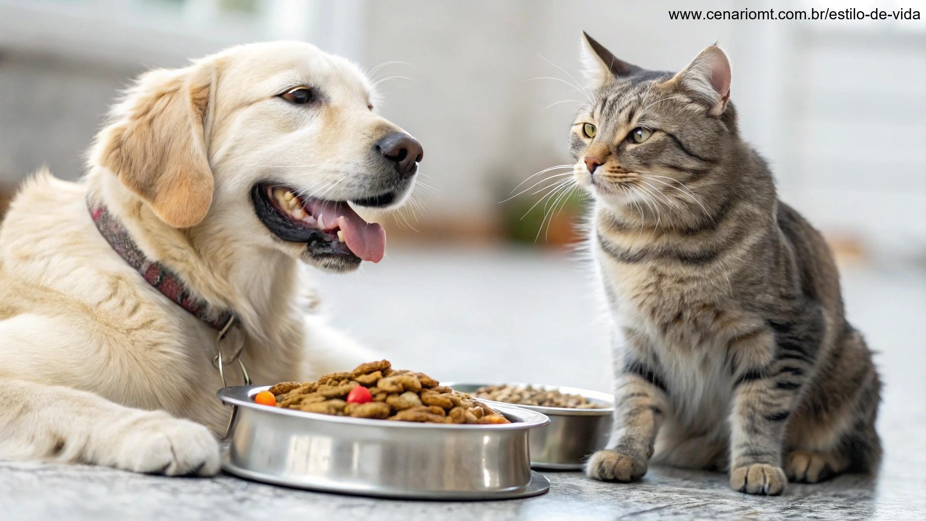 Cachorro e gato saudáveis, felizes e bem alimentados, com pelagens brilhantes, após uma refeição nutritiva.