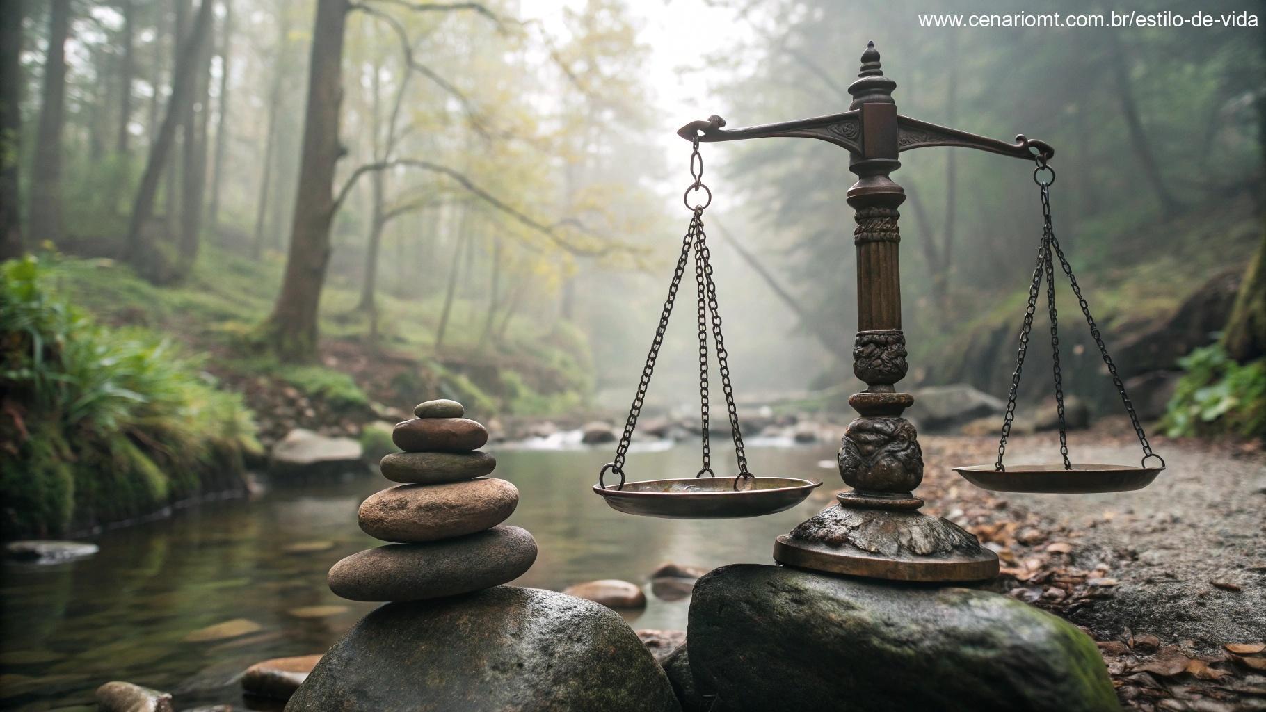 Imagem serena de uma balança equilibrada com elementos da natureza, como árvores e água, em harmonia.