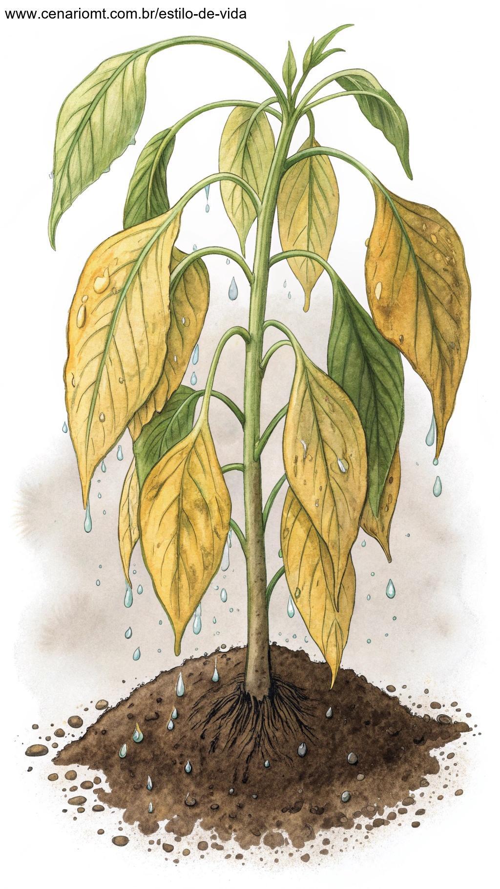 Planta murchando devido ao excesso de água, com solo visivelmente encharcado.