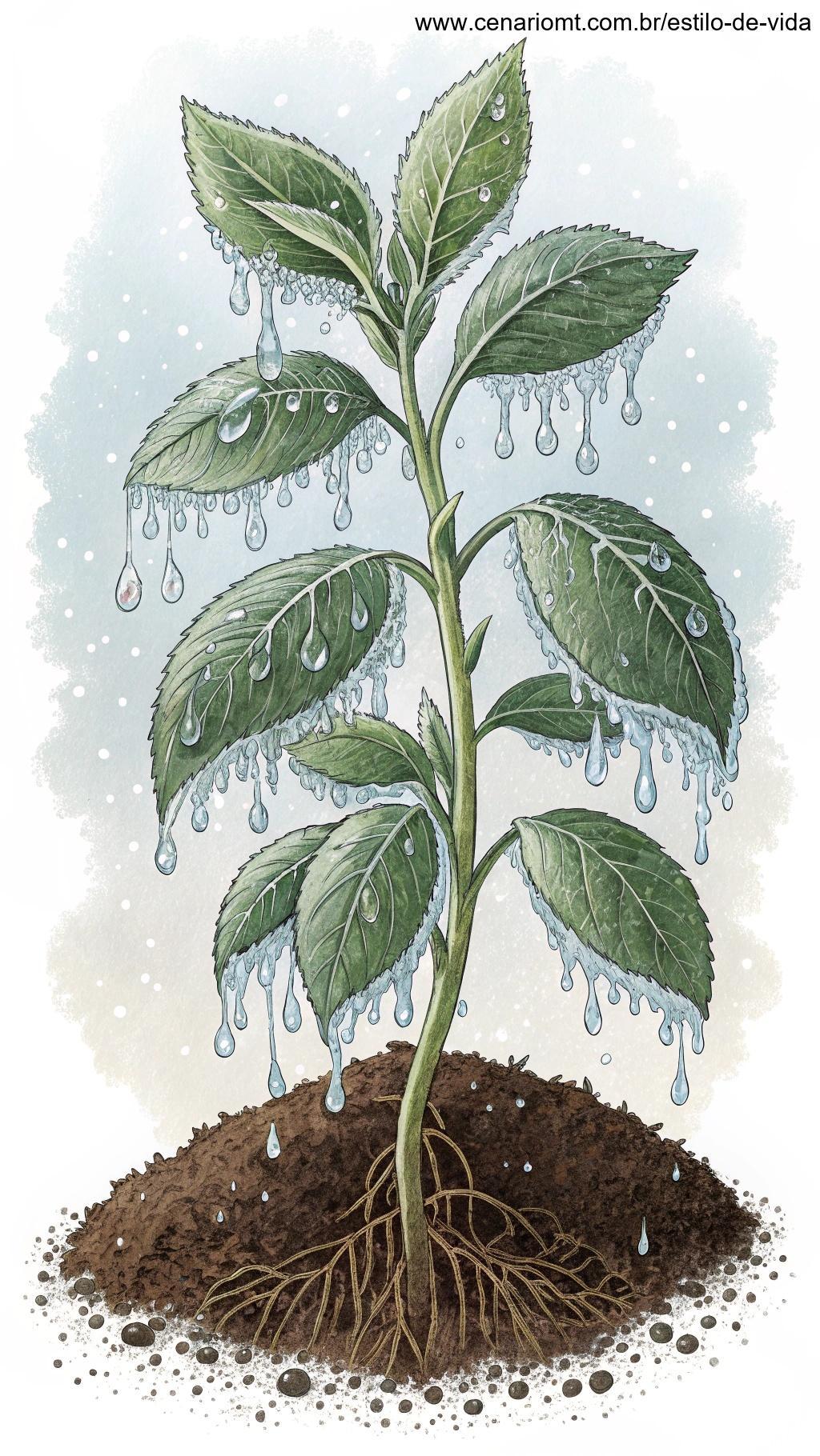 Planta recebendo água muito fria, com gotas congeladas nas folhas.