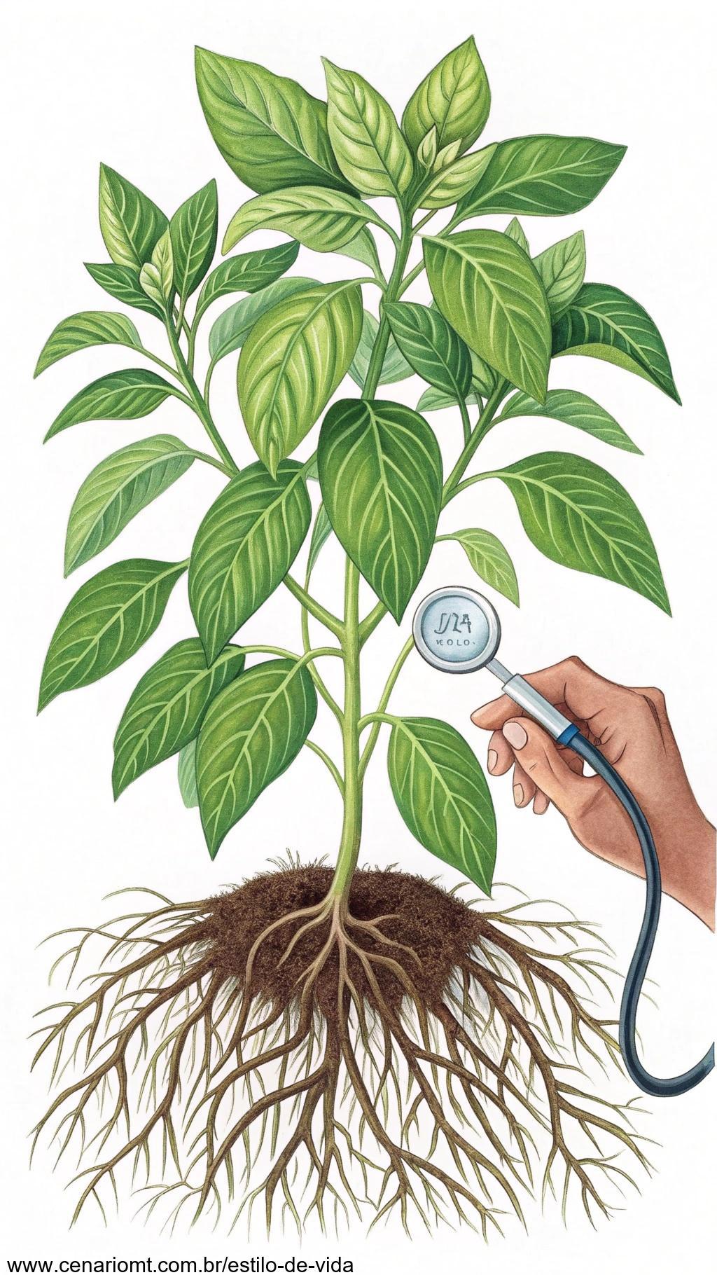 Planta sendo cuidadosamente verificada nas raízes para garantir um crescimento saudável.