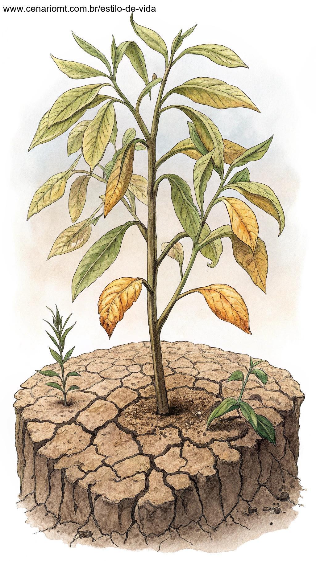 Planta em solo de baixa qualidade, com sinais de crescimento atrofiado.
