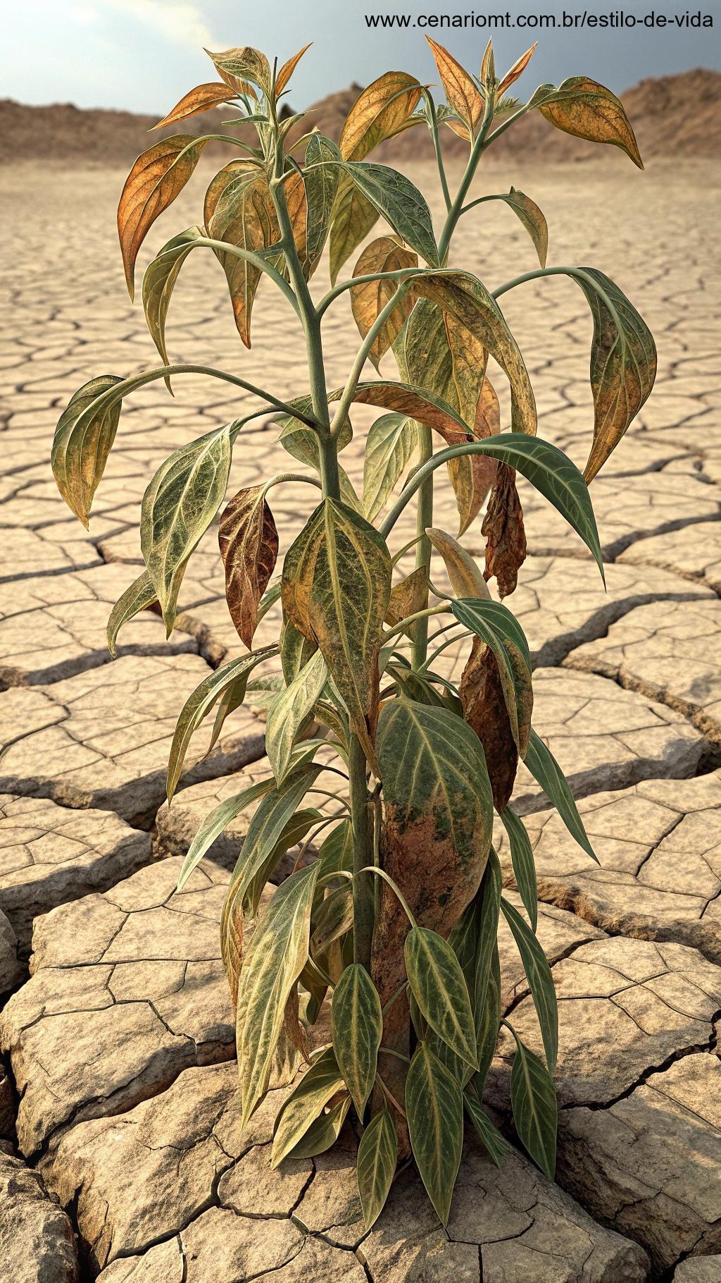 Planta mostrando sinais de desidratação, rodeada de ar seco.